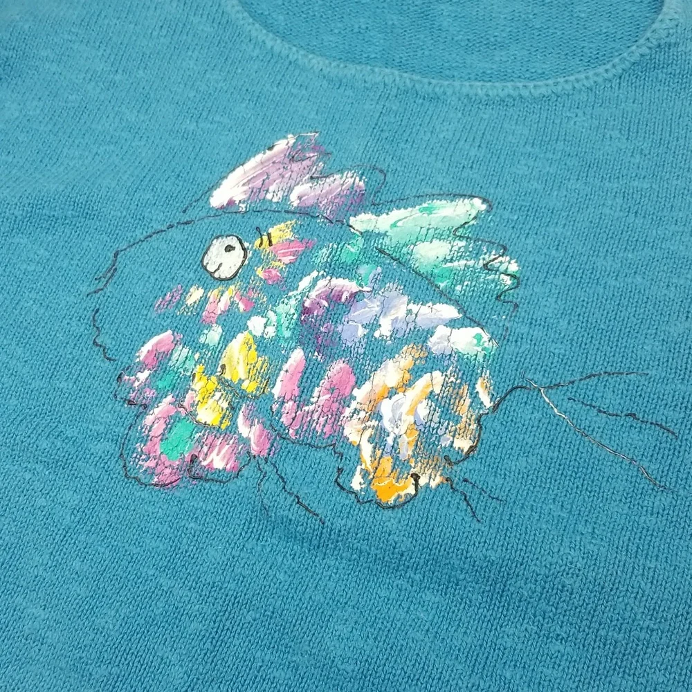 Large Aqua Blue Handpainted Fish Long Sleeve Light Knit Cotton Sweater - Picture 5 of 9